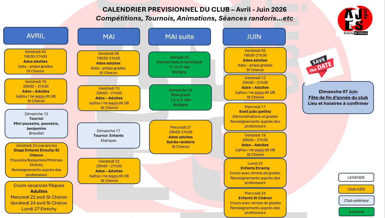 Calendrier Avril à juin 2026